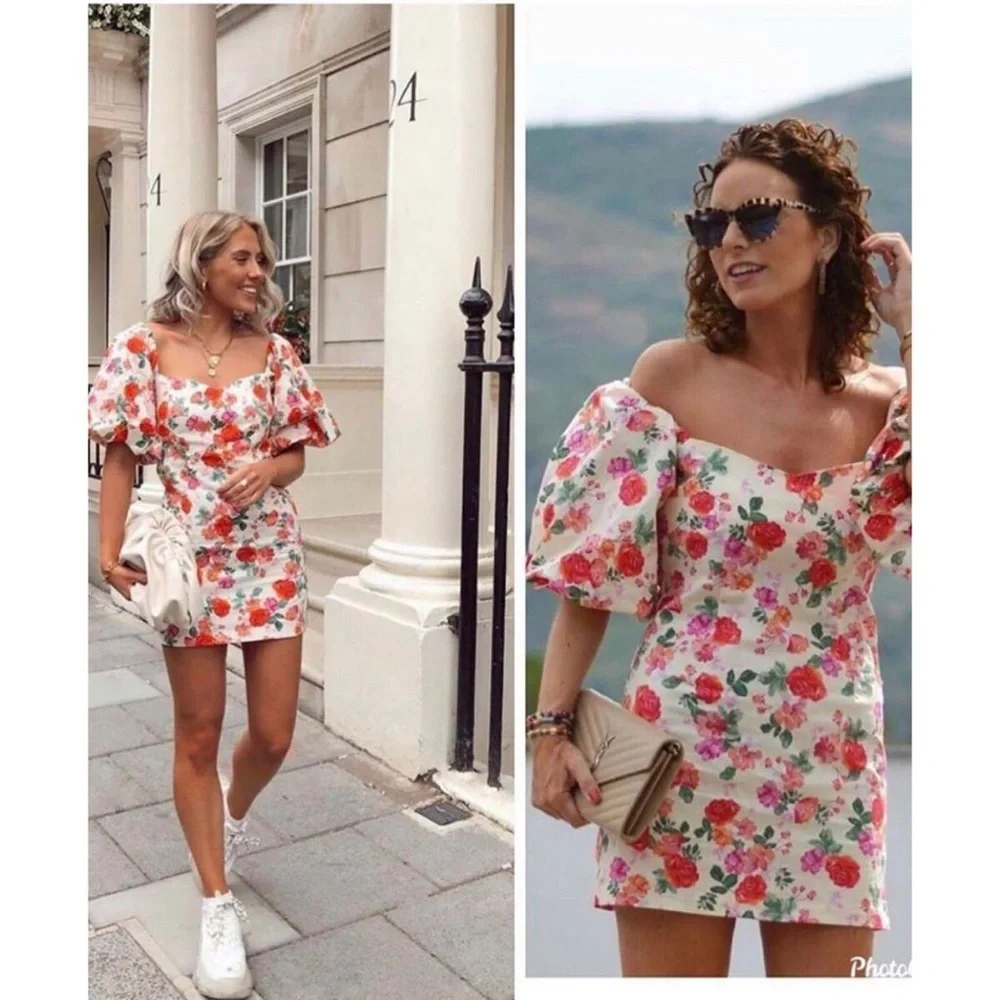 NWT ZARA THE CAROLINE DRESS S MINI FLORAL OFF SHOULDER PUFF SLEEVE Blogger Fave - Picture 6 of 16